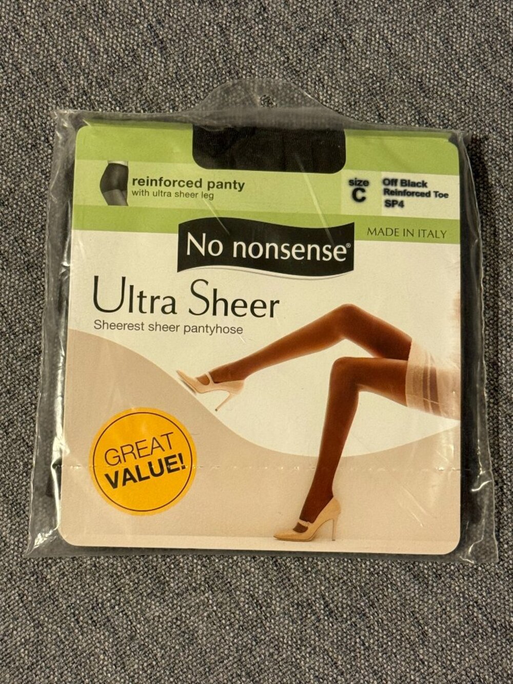 NWT No Nonsense Ultra Sheer Pantyhose Off Black Size C Made in Italy
